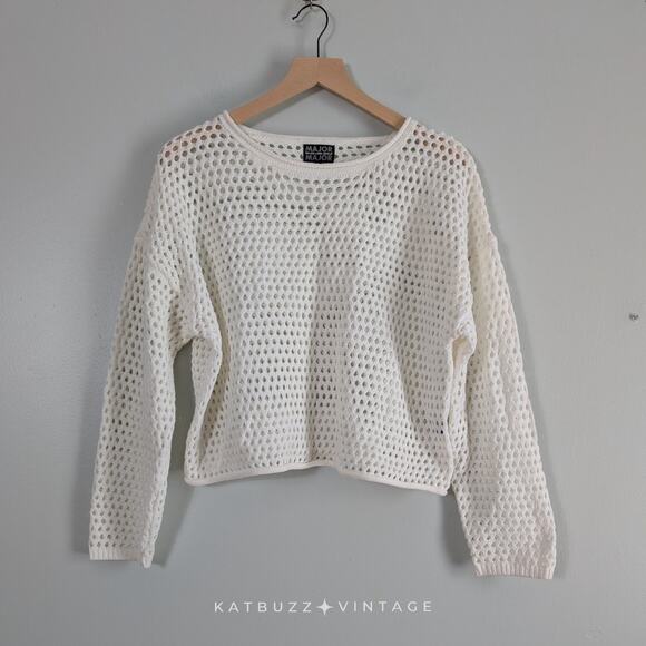 Major Sweaters - Open Knit Sweater L Off White Short Rolled Collar Boho Artsy Preppy Layering